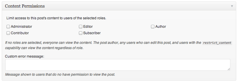 Content Permissions are added at the bottom of post edit pages.
