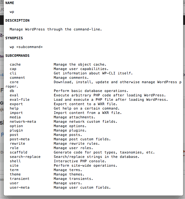 A list of possible commands
