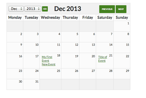 Fairly basic calendar ouput with a shortcode