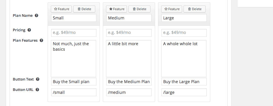 Easy Pricing Tables columns