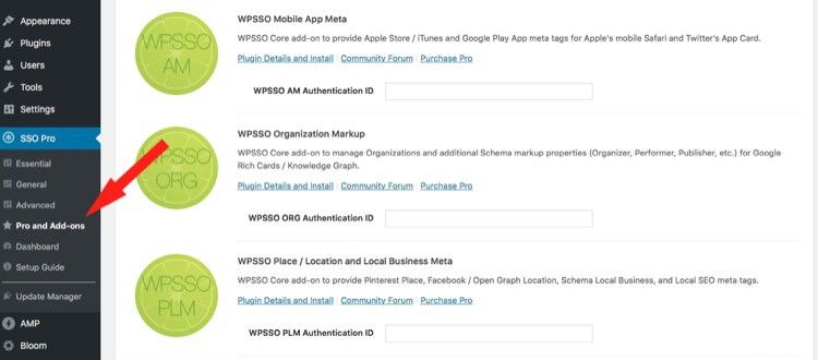WPSSO Pro and Add-ons Screen on WordPress Dashboard