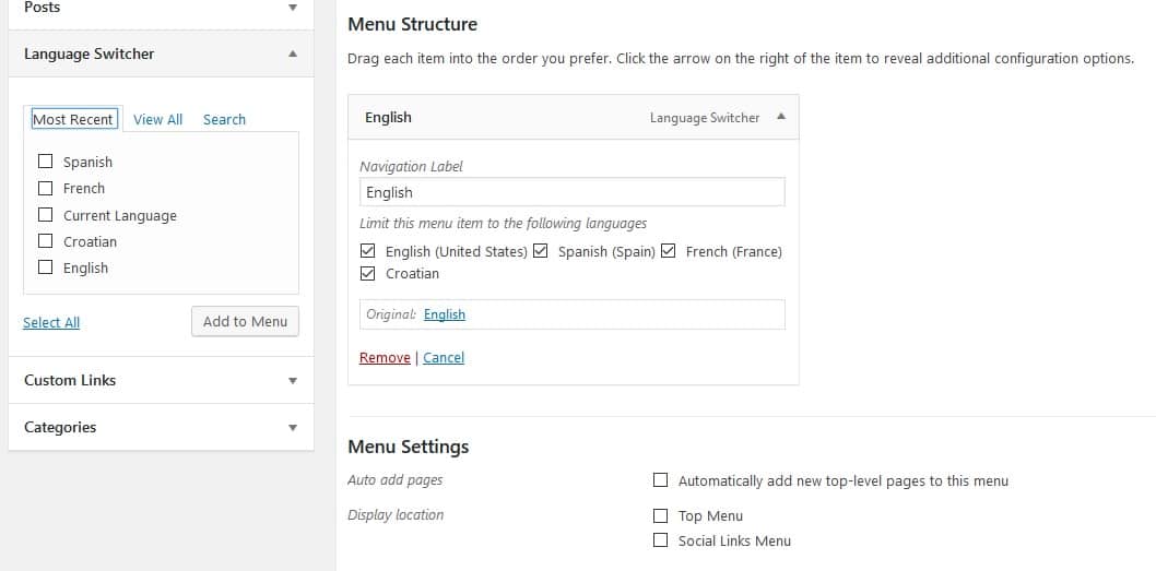 Customize your menus based on language