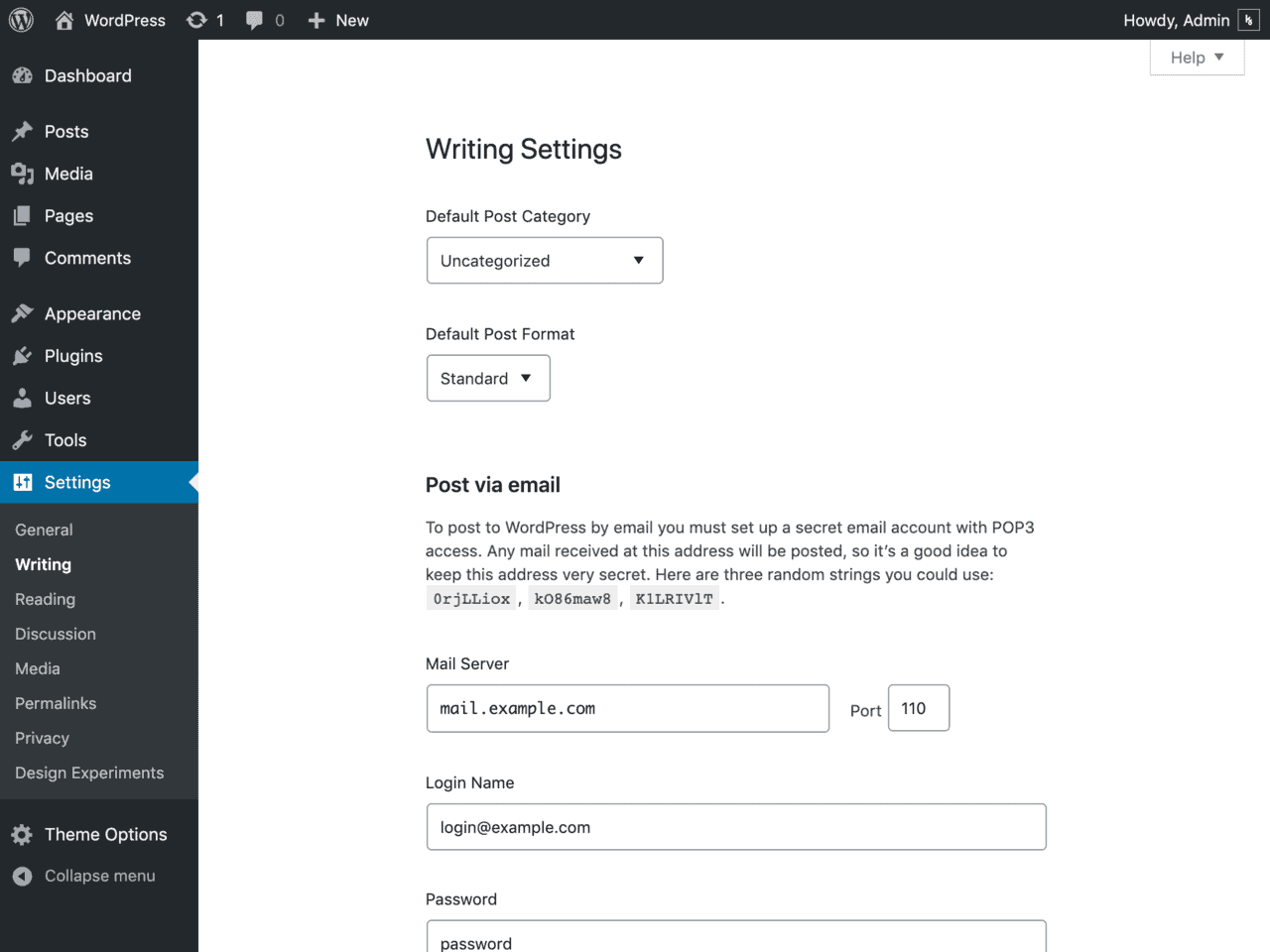 WordPress settings tab