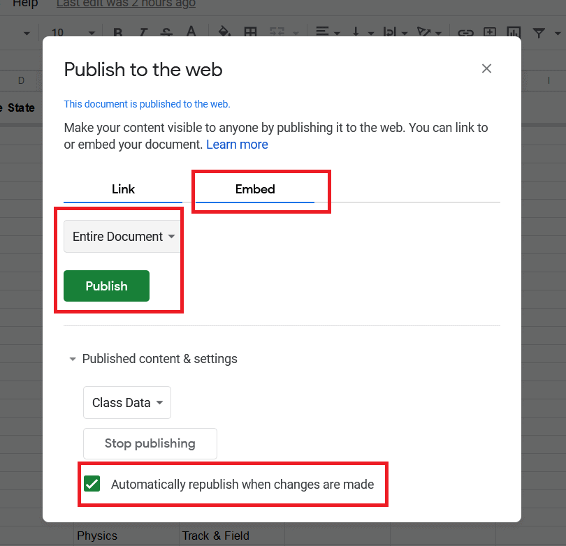 Google Sheets publish to the web popup